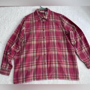 Alfred Dunner pink  Plaid Embroidered Button-Up Shirt Women’s Size 18W